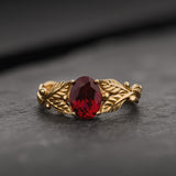 1.5 carat lab ruby engagement ring, gold leaves ring with oval shape gemstone / Cornus - Eden Garden Jewelry™