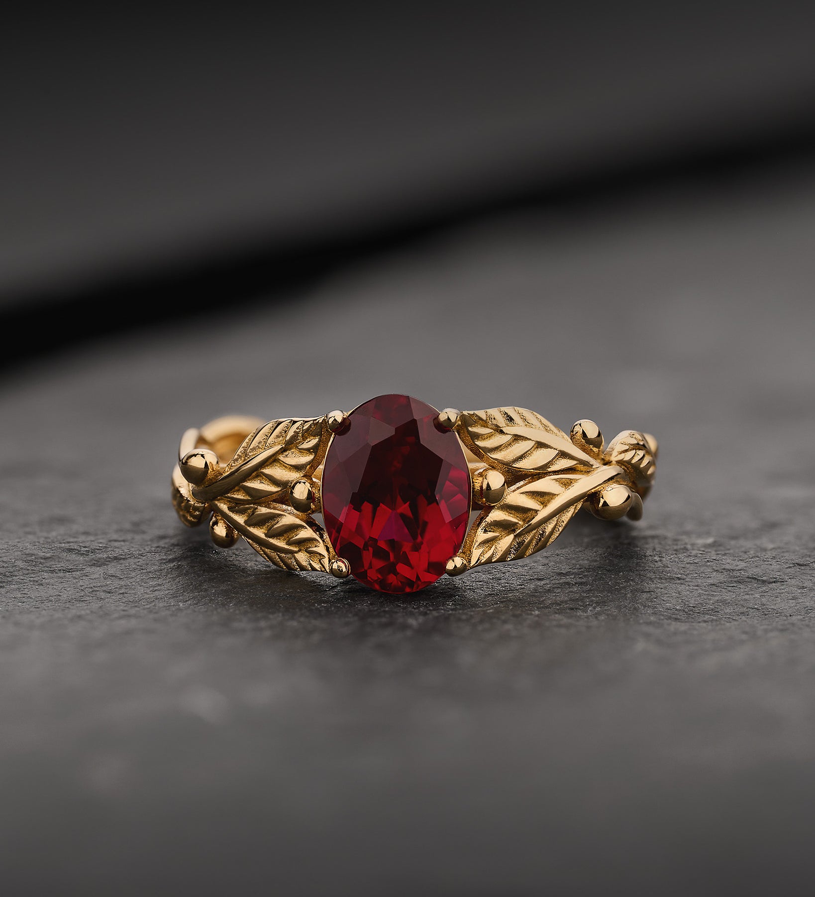 1.5 carat lab ruby engagement ring, gold leaves ring with oval shape gemstone / Cornus - Eden Garden Jewelry™
