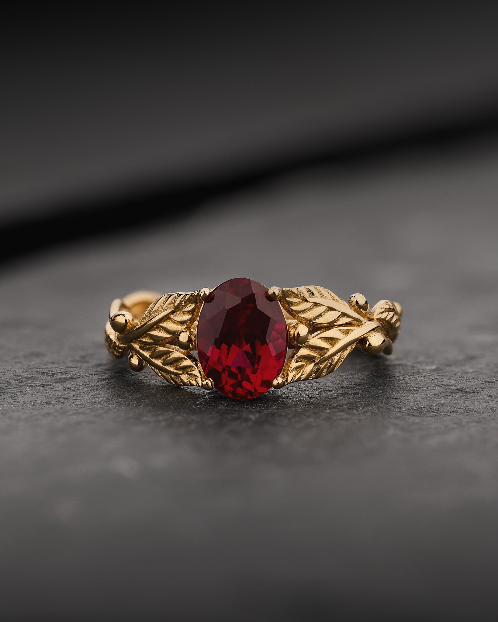 1.5 carat lab ruby engagement ring, gold leaves ring with oval shape gemstone / Cornus - Eden Garden Jewelry™