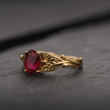 1.5 carat lab ruby engagement ring, gold leaves ring with oval shape gemstone / Cornus - Eden Garden Jewelry™