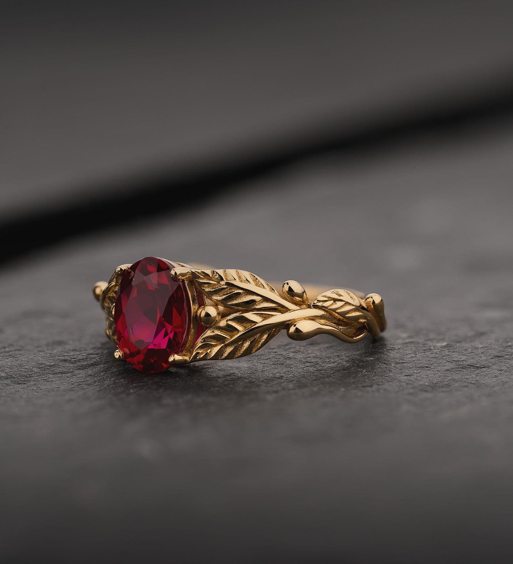 1.5 carat lab ruby engagement ring, gold leaves ring with oval shape gemstone / Cornus - Eden Garden Jewelry™