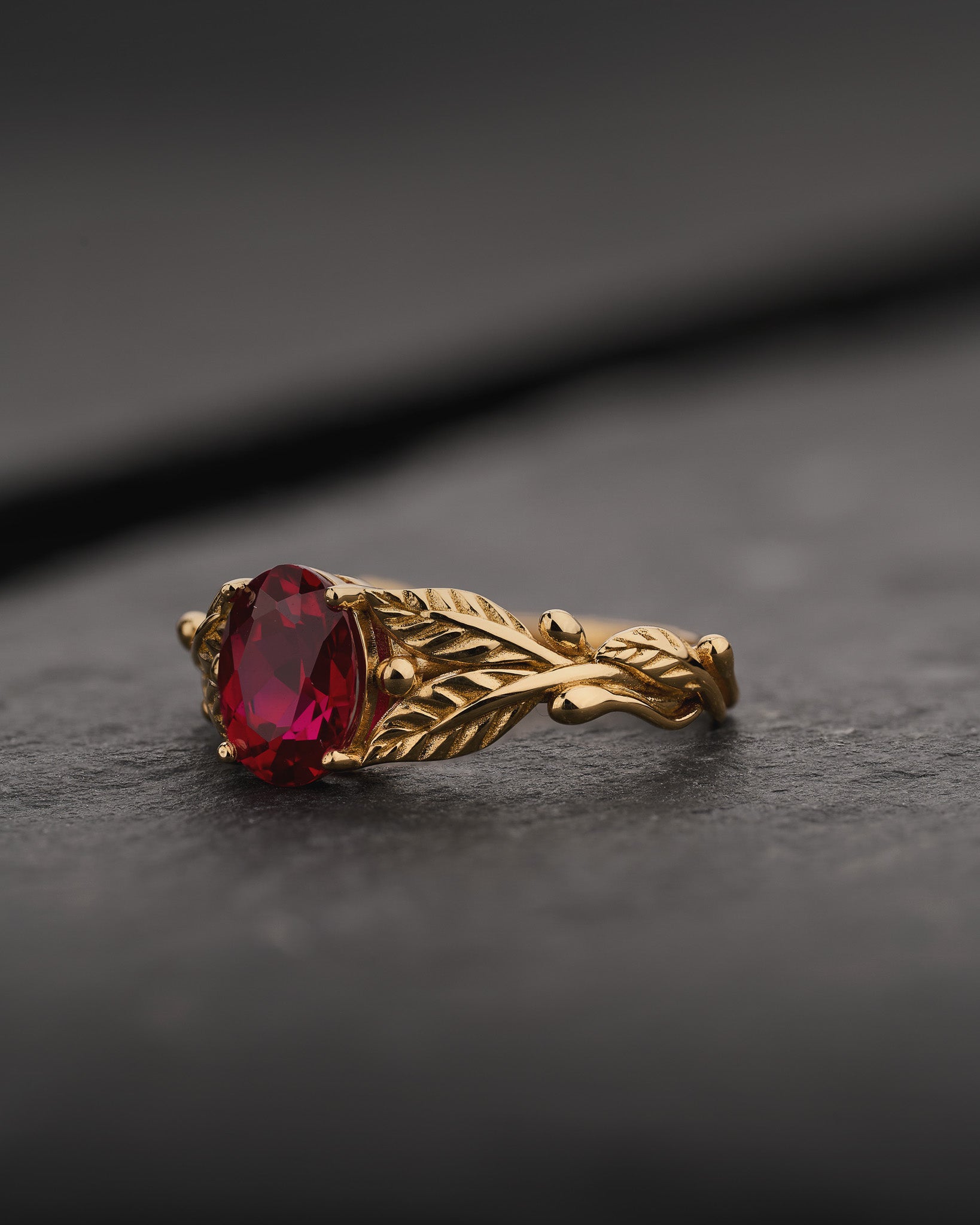 1.5 carat lab ruby engagement ring, gold leaves ring with oval shape gemstone / Cornus - Eden Garden Jewelry™