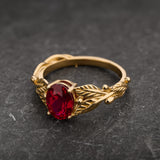 1.5 carat lab ruby engagement ring, gold leaves ring with oval shape gemstone / Cornus - Eden Garden Jewelry™