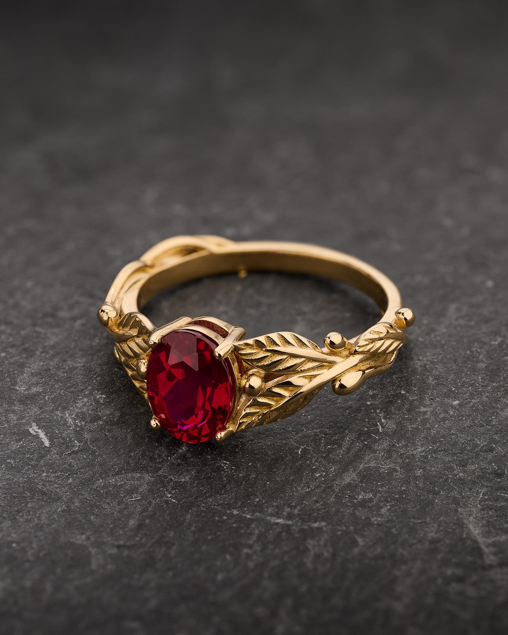 1.5 carat lab ruby engagement ring, gold leaves ring with oval shape gemstone / Cornus - Eden Garden Jewelry™