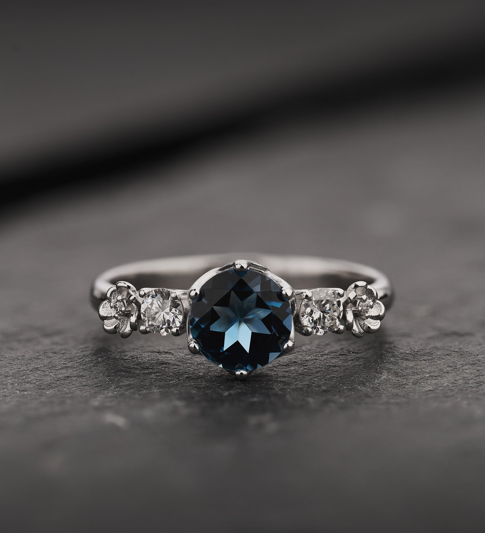 Floral Engagement Ring with Round Blue Topaz / Fiorella - Eden Garden Jewelry™