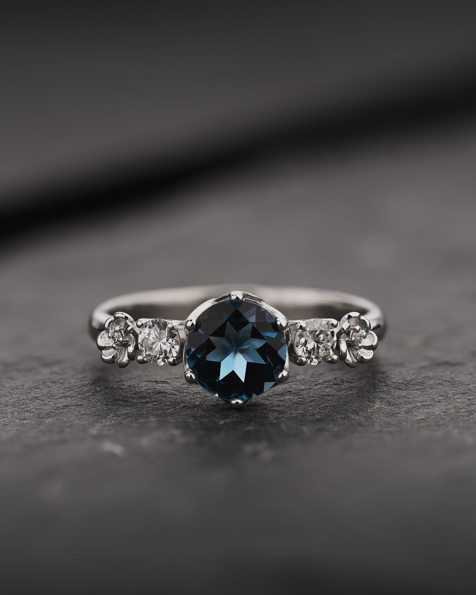 Floral Engagement Ring with Round Blue Topaz / Fiorella - Eden Garden Jewelry™