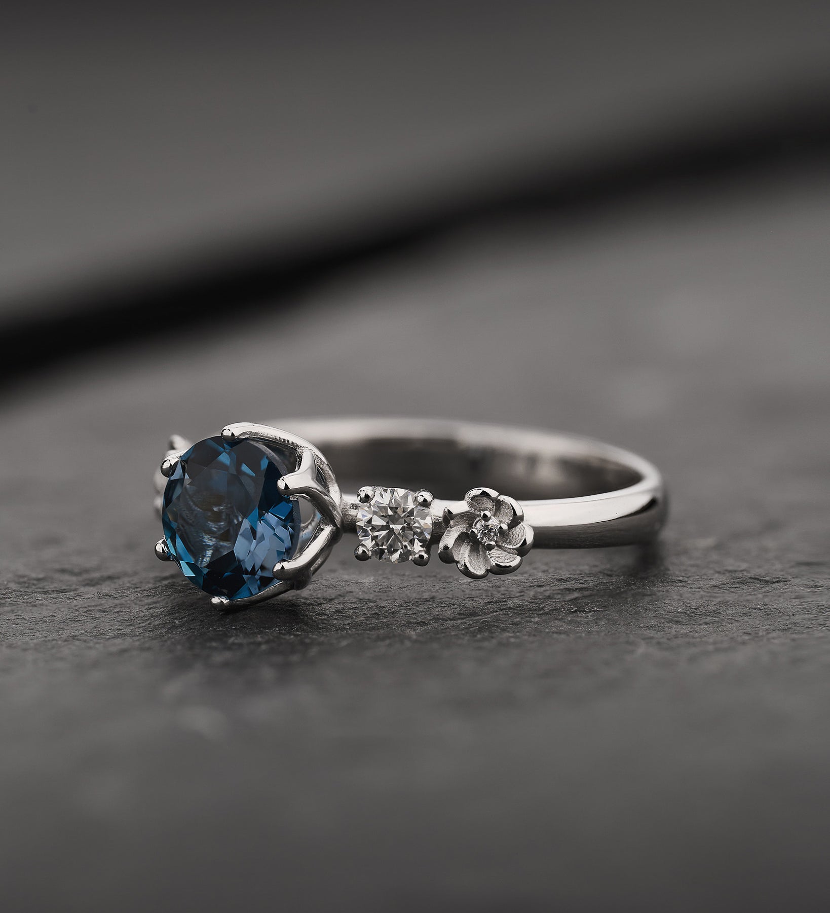 Floral Engagement Ring with Round Blue Topaz / Fiorella - Eden Garden Jewelry™