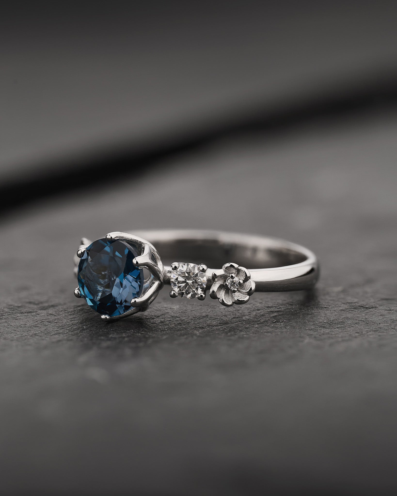 Floral Engagement Ring with Round Blue Topaz / Fiorella - Eden Garden Jewelry™