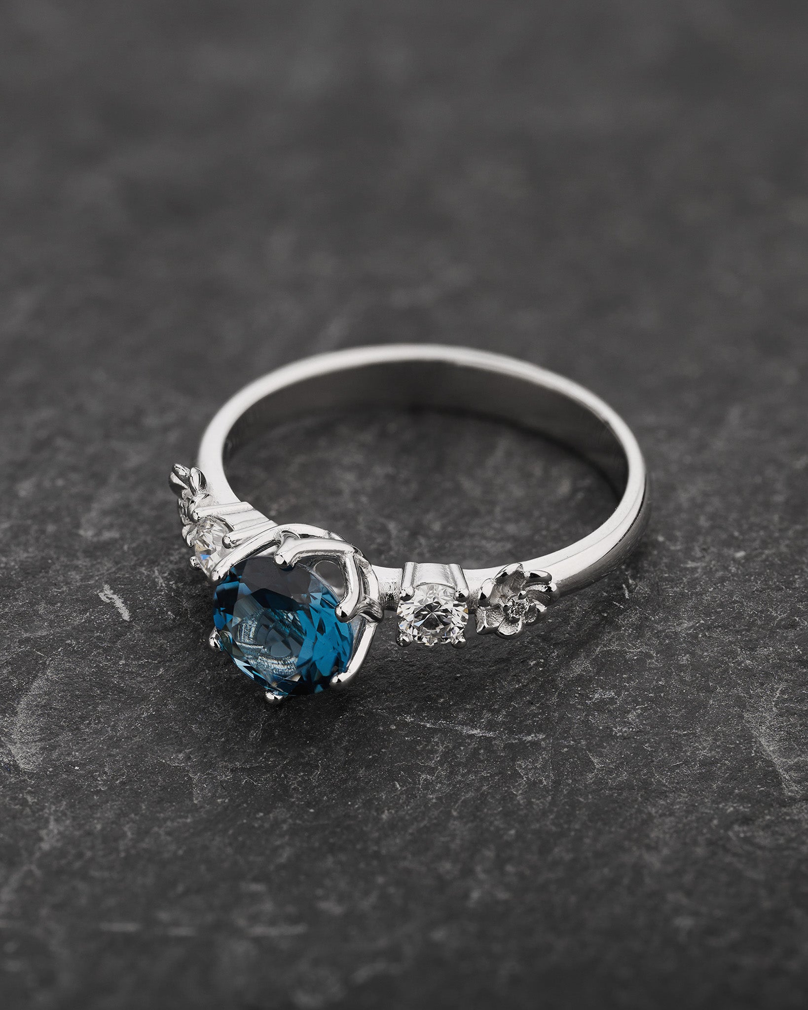 Floral Engagement Ring with Round Blue Topaz / Fiorella - Eden Garden Jewelry™