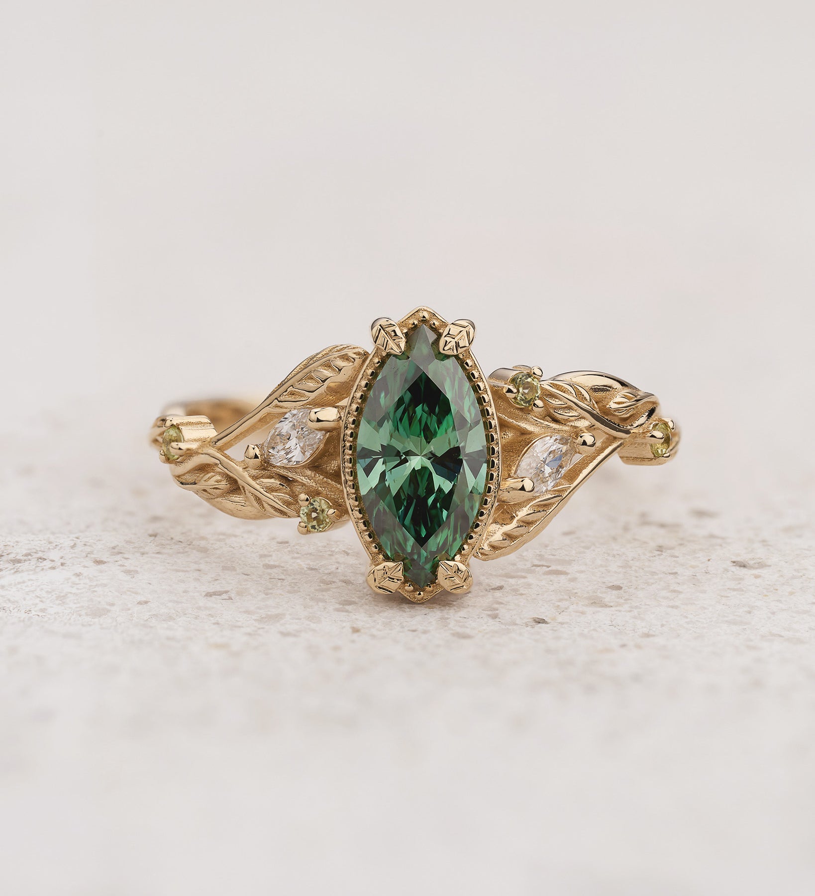 Engagement Ring with Nature Design, Marquise Green Diamond, Peridot and Diamond Accents / Patricia - Eden Garden Jewelry™