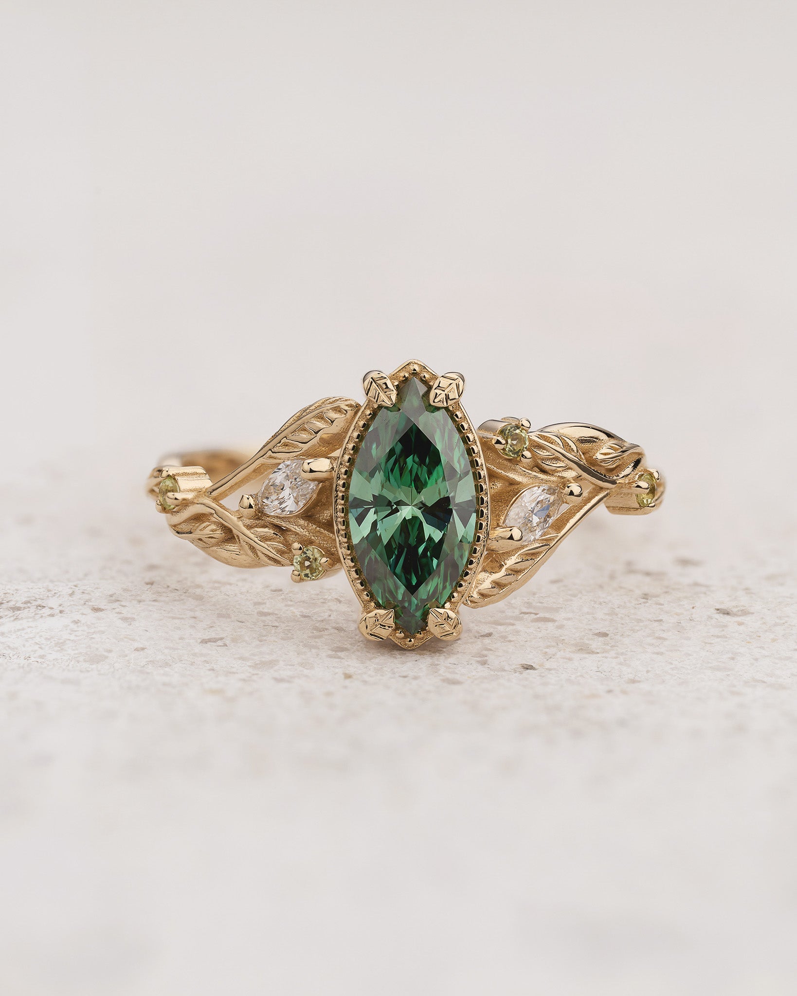 Engagement Ring with Nature Design, Marquise Green Diamond, Peridot and Diamond Accents / Patricia - Eden Garden Jewelry™