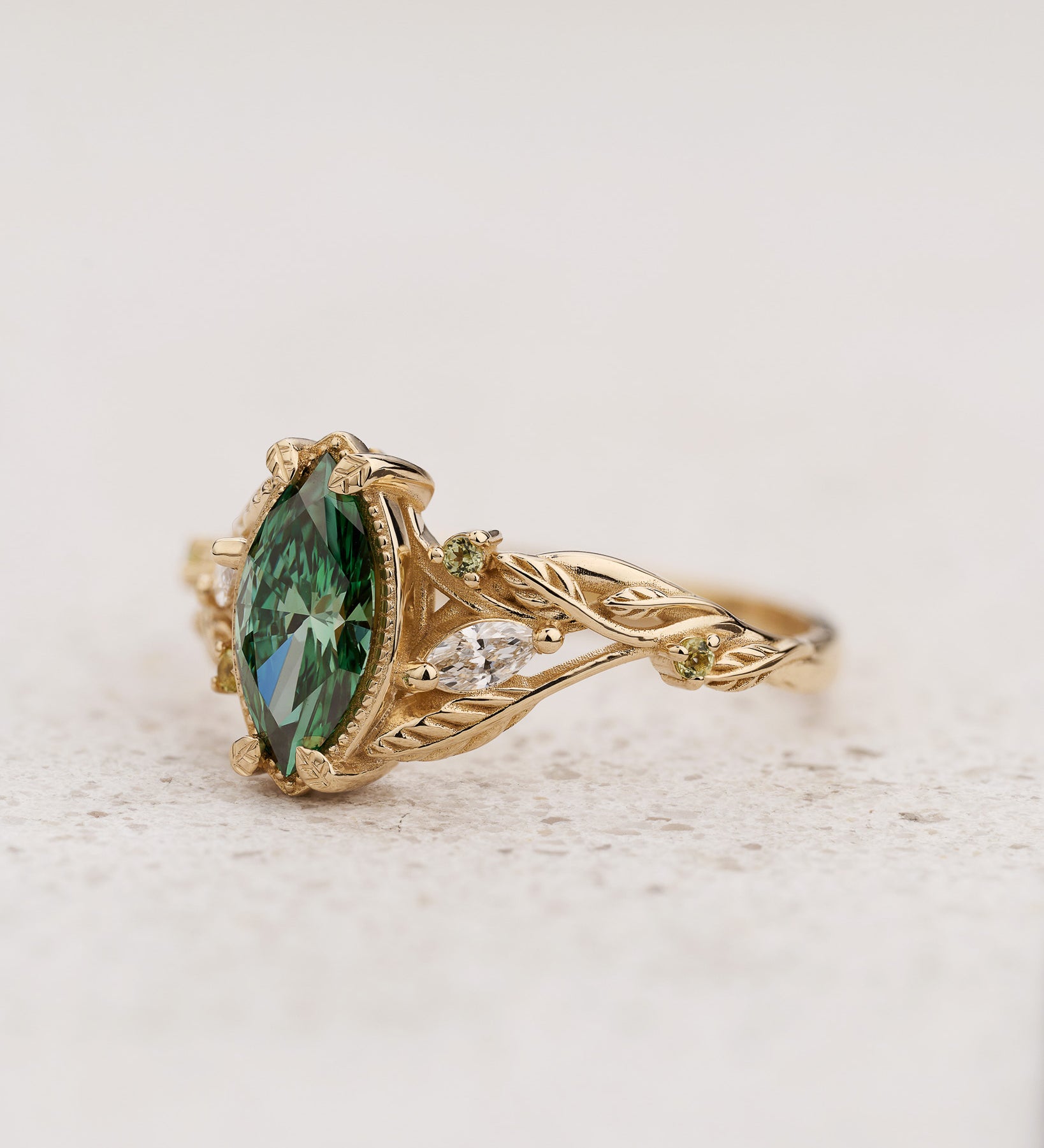 Engagement Ring with Nature Design, Marquise Green Diamond, Peridot and Diamond Accents / Patricia - Eden Garden Jewelry™