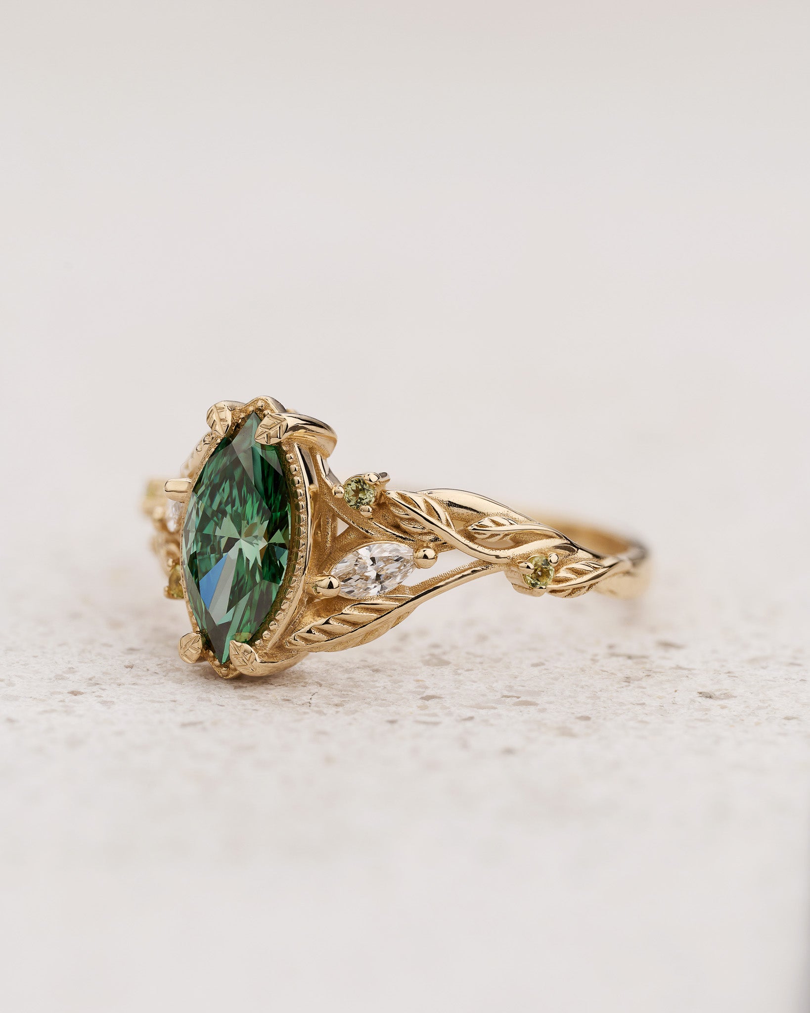Engagement Ring with Nature Design, Marquise Green Diamond, Peridot and Diamond Accents / Patricia - Eden Garden Jewelry™