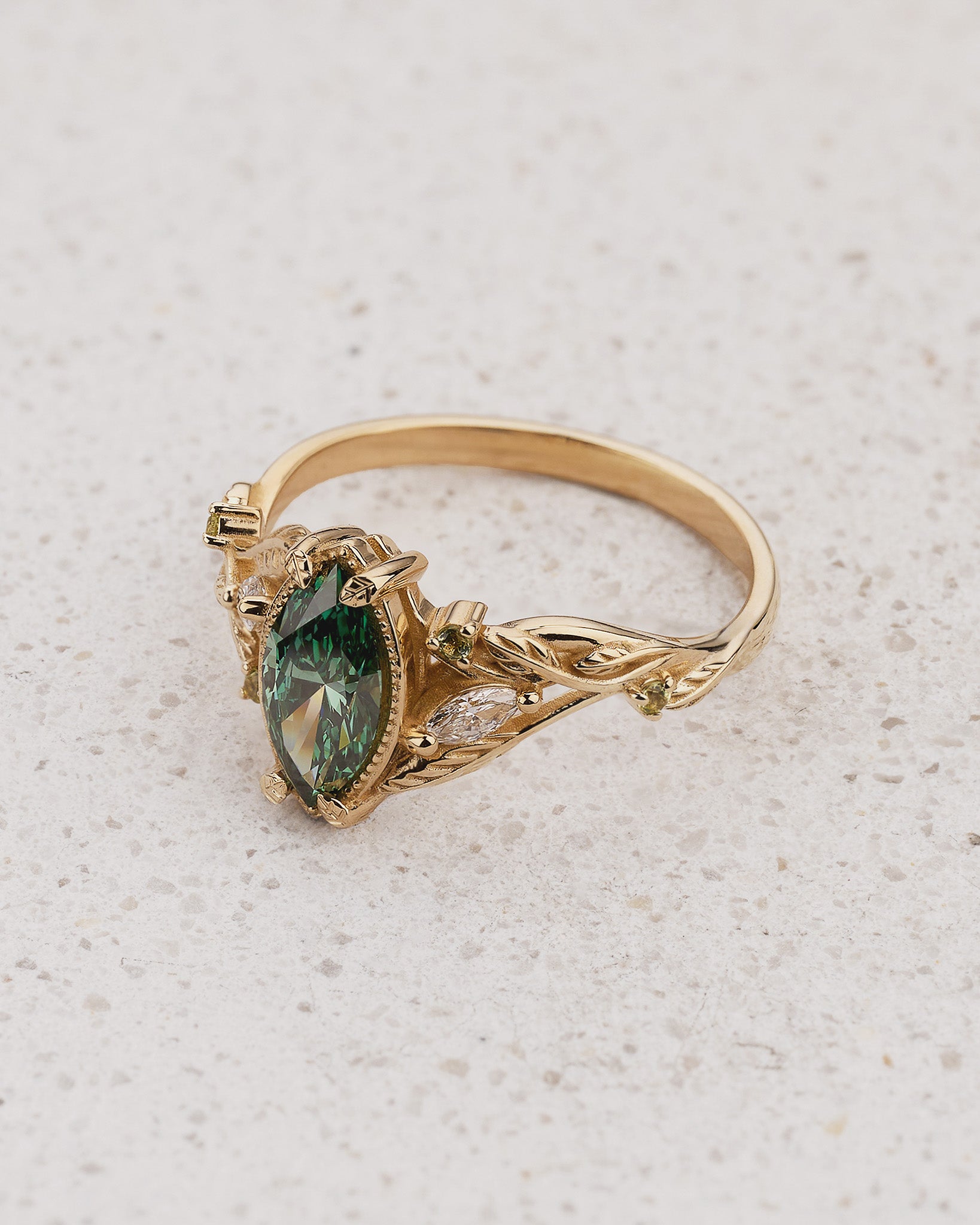 Engagement Ring with Nature Design, Marquise Green Diamond, Peridot and Diamond Accents / Patricia - Eden Garden Jewelry™