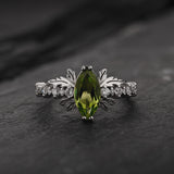 Peridot and diamonds engagement ring, nature inspired gold leaf ring / Verbena - Eden Garden Jewelry™