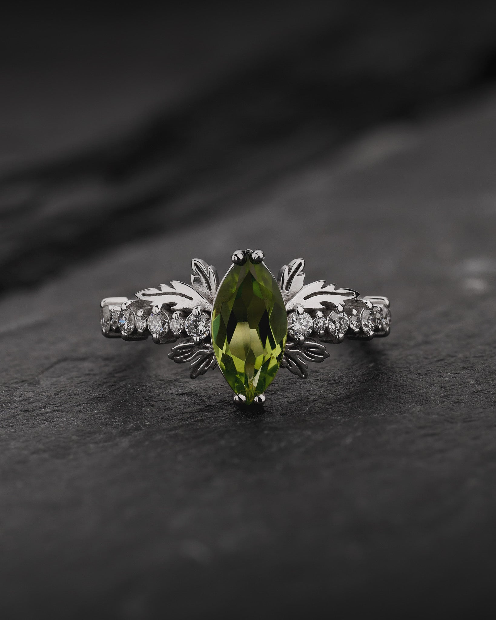 Peridot and diamonds engagement ring, nature inspired gold leaf ring / Verbena - Eden Garden Jewelry™
