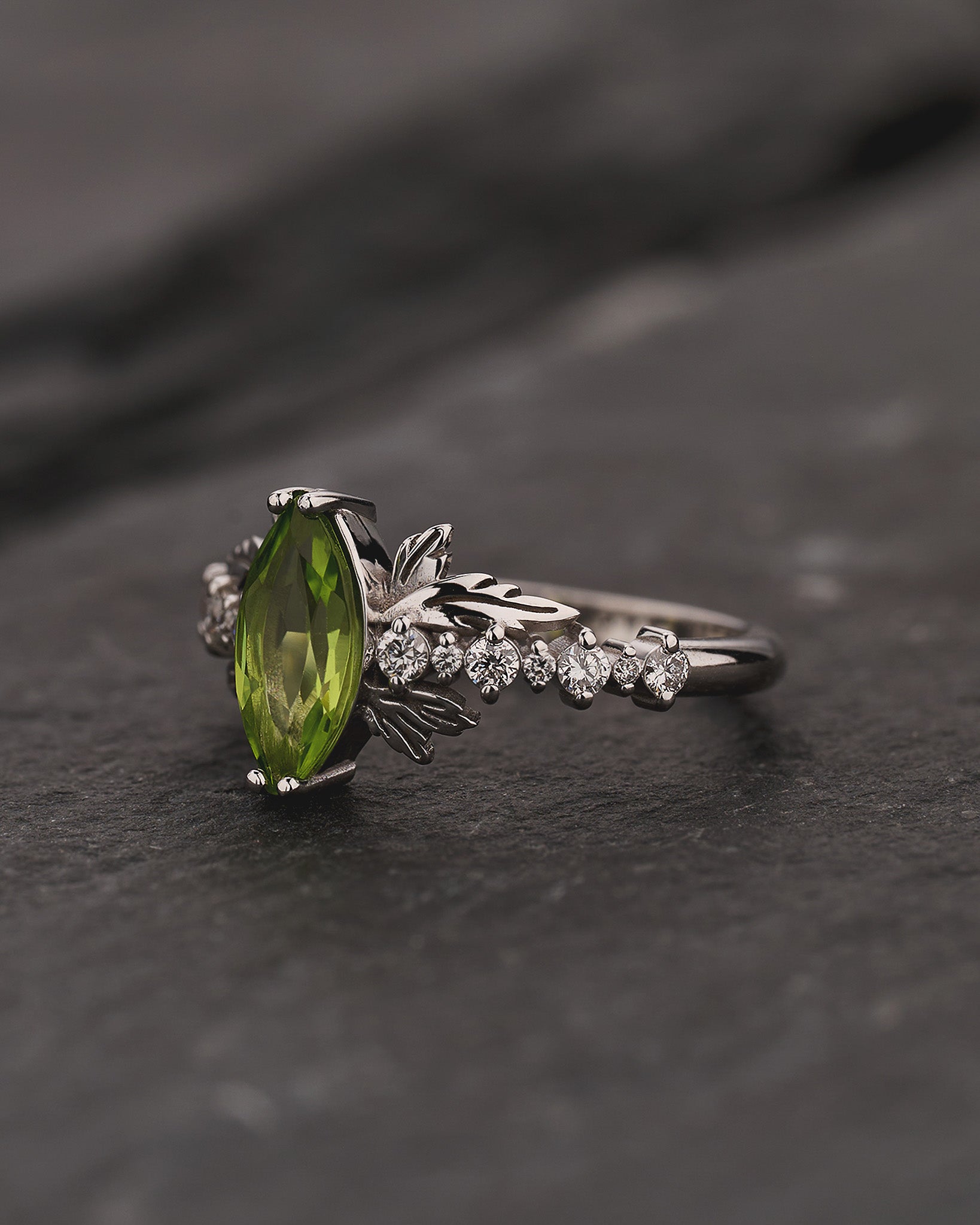 Peridot and diamonds engagement ring, nature inspired gold leaf ring / Verbena - Eden Garden Jewelry™