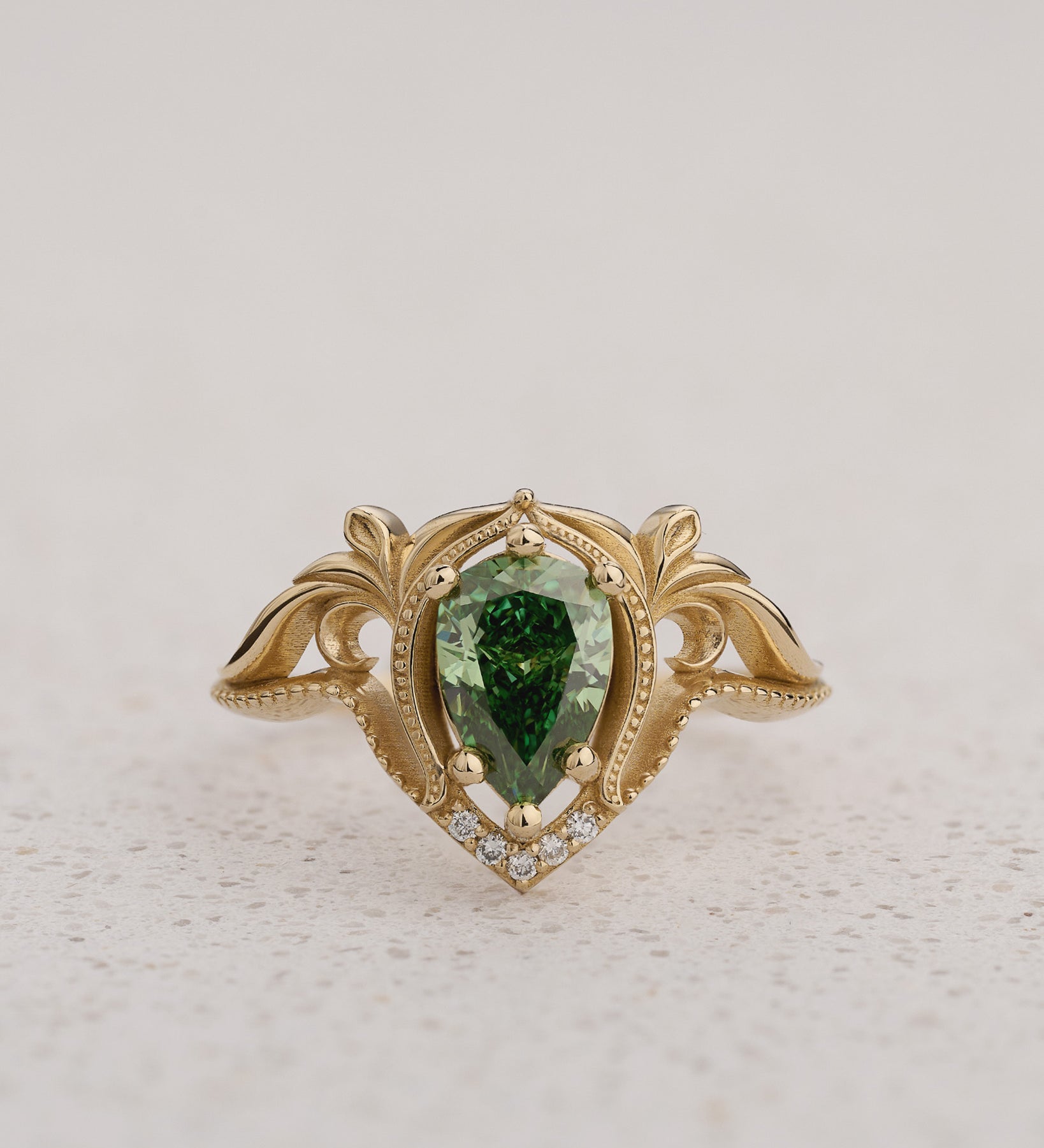 Art Nouveau Engagement Ring with Pear-Cut Green Diamond / Lida - Eden Garden Jewelry™