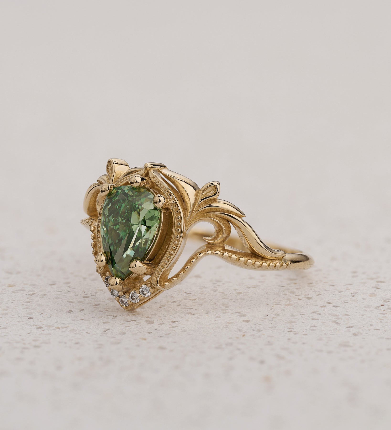Art Nouveau Engagement Ring with Pear-Cut Green Diamond / Lida - Eden Garden Jewelry™