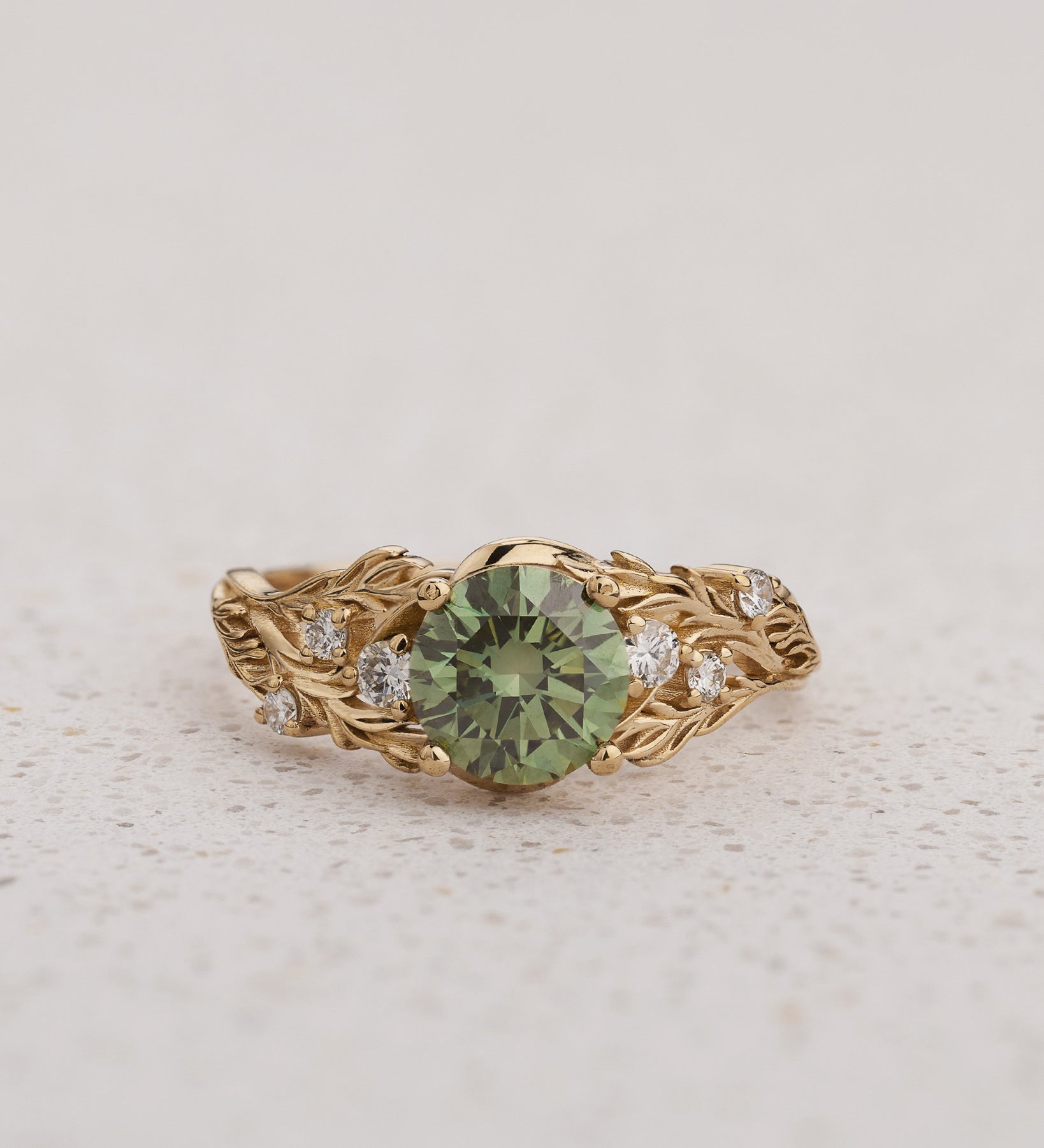 Engagement Ring with Round Green Diamond and Botanical Design / Japanese Maple - Eden Garden Jewelry™