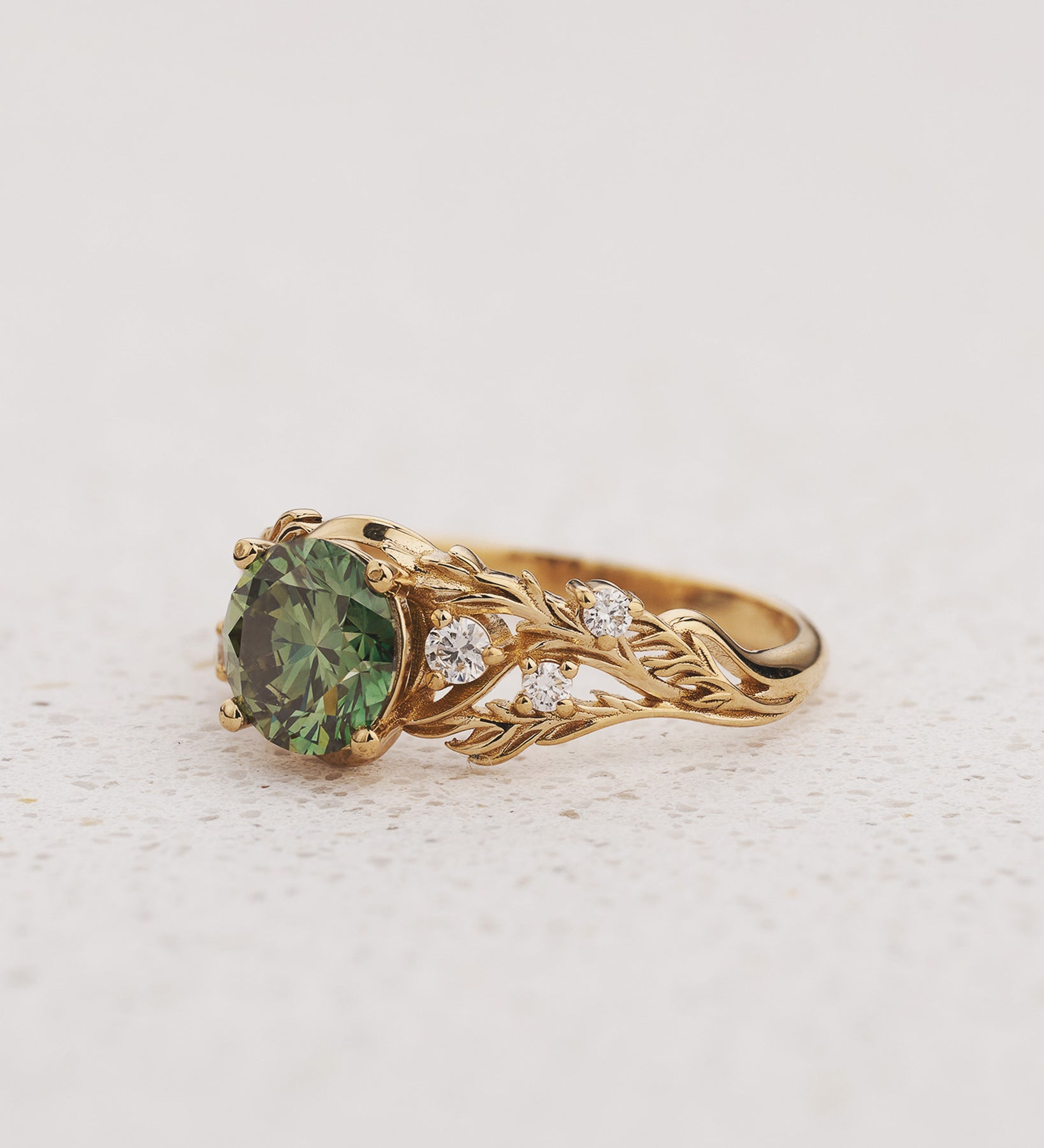 Engagement Ring with Round Green Diamond and Botanical Design / Japanese Maple - Eden Garden Jewelry™