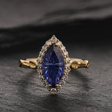 Engagement Ring with Marquise Fantasy-Cut Blue Sapphire and Leaf Design / Florentina - Eden Garden Jewelry™