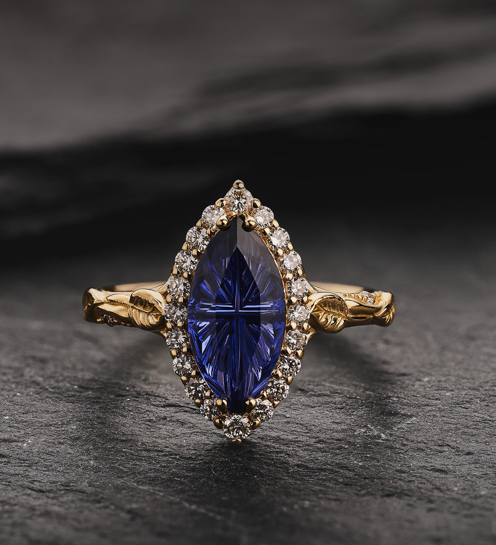 Engagement Ring with Marquise Fantasy-Cut Blue Sapphire and Leaf Design / Florentina - Eden Garden Jewelry™