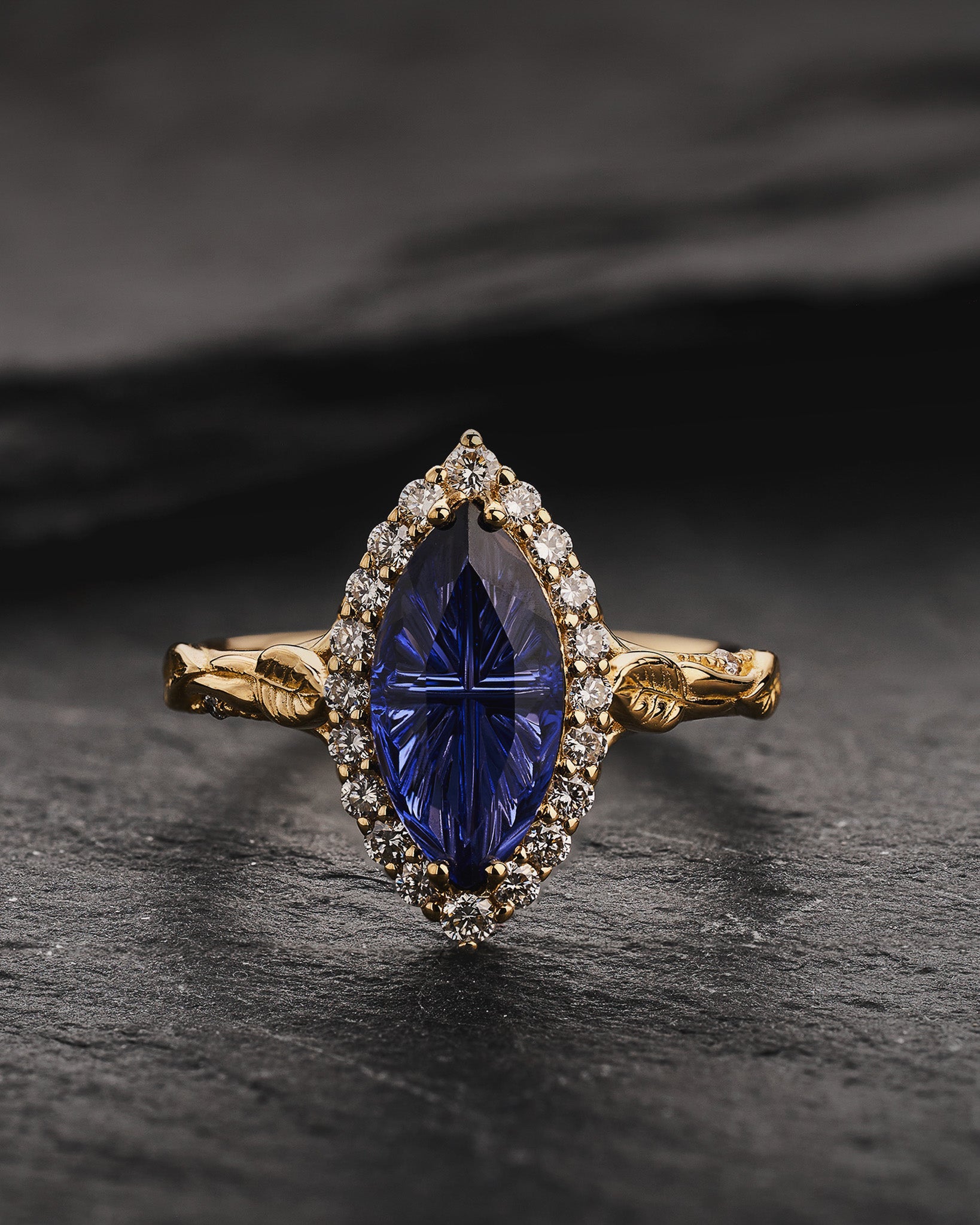 Engagement Ring with Marquise Fantasy-Cut Blue Sapphire and Leaf Design / Florentina - Eden Garden Jewelry™