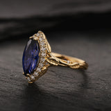 Engagement Ring with Marquise Fantasy-Cut Blue Sapphire and Leaf Design / Florentina - Eden Garden Jewelry™