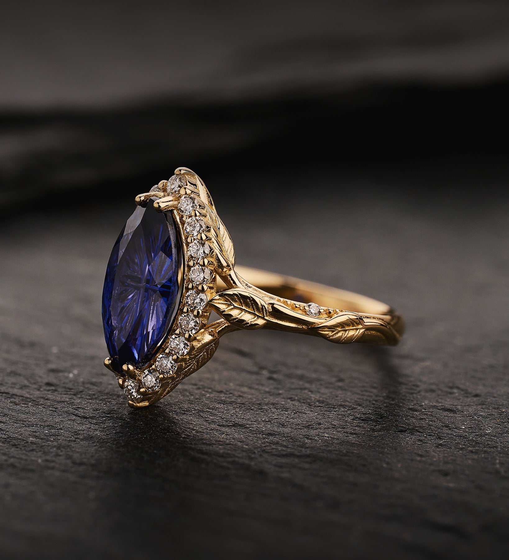 Engagement Ring with Marquise Fantasy-Cut Blue Sapphire and Leaf Design / Florentina - Eden Garden Jewelry™