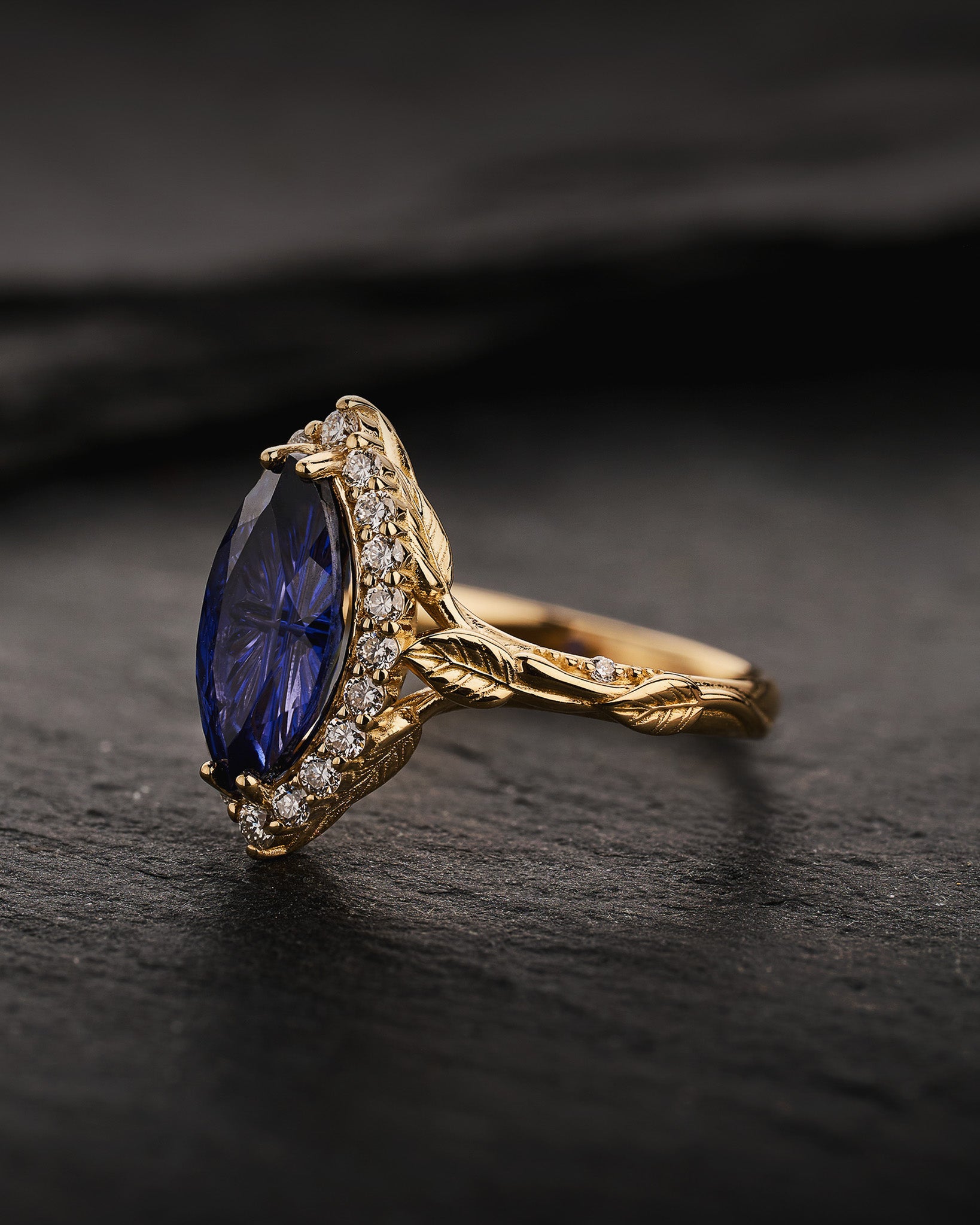 Engagement Ring with Marquise Fantasy-Cut Blue Sapphire and Leaf Design / Florentina - Eden Garden Jewelry™