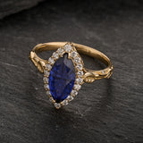 Engagement Ring with Marquise Fantasy-Cut Blue Sapphire and Leaf Design / Florentina - Eden Garden Jewelry™