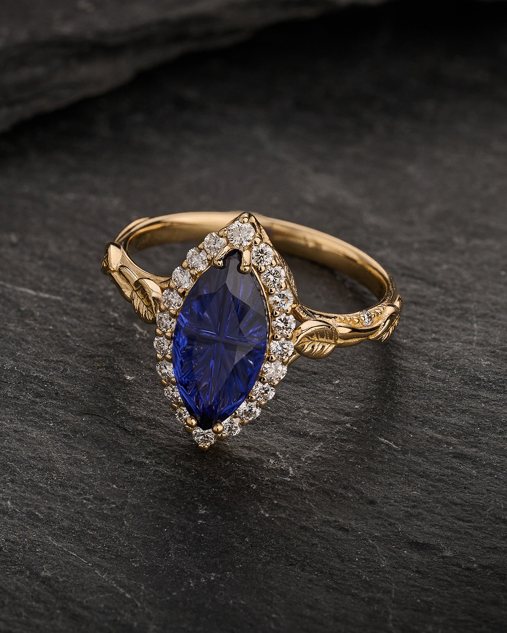 Engagement Ring with Marquise Fantasy-Cut Blue Sapphire and Leaf Design / Florentina - Eden Garden Jewelry™