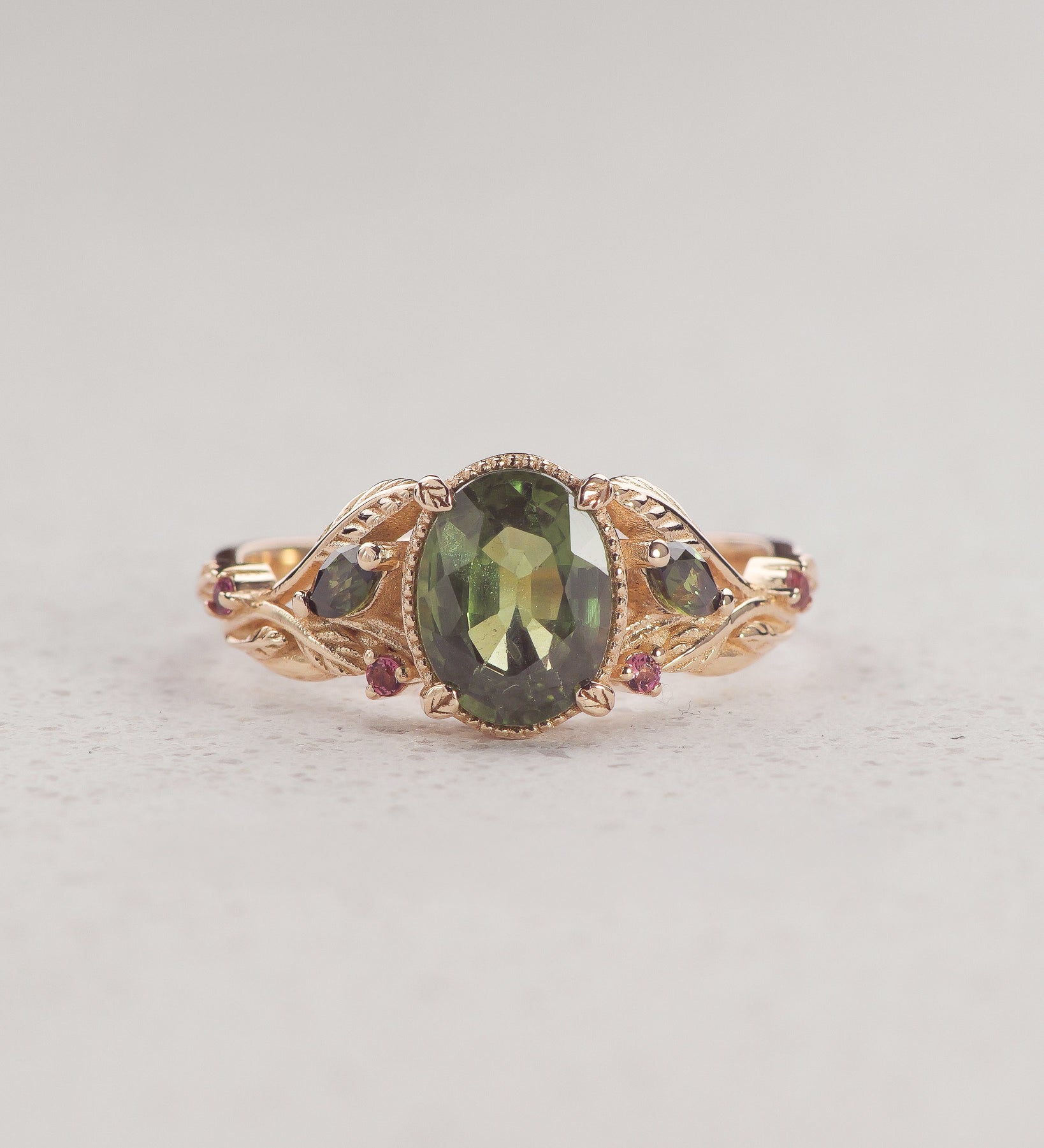 READY TO SHIP: Patricia symmetric ring, 14K yellow gold, natural green sapphire oval-cut 8x6 mm, accent sapphires & tourmalines, AVAILABLE RING SIZES: 5.5 - 8.5 US - Eden Garden Jewelry™