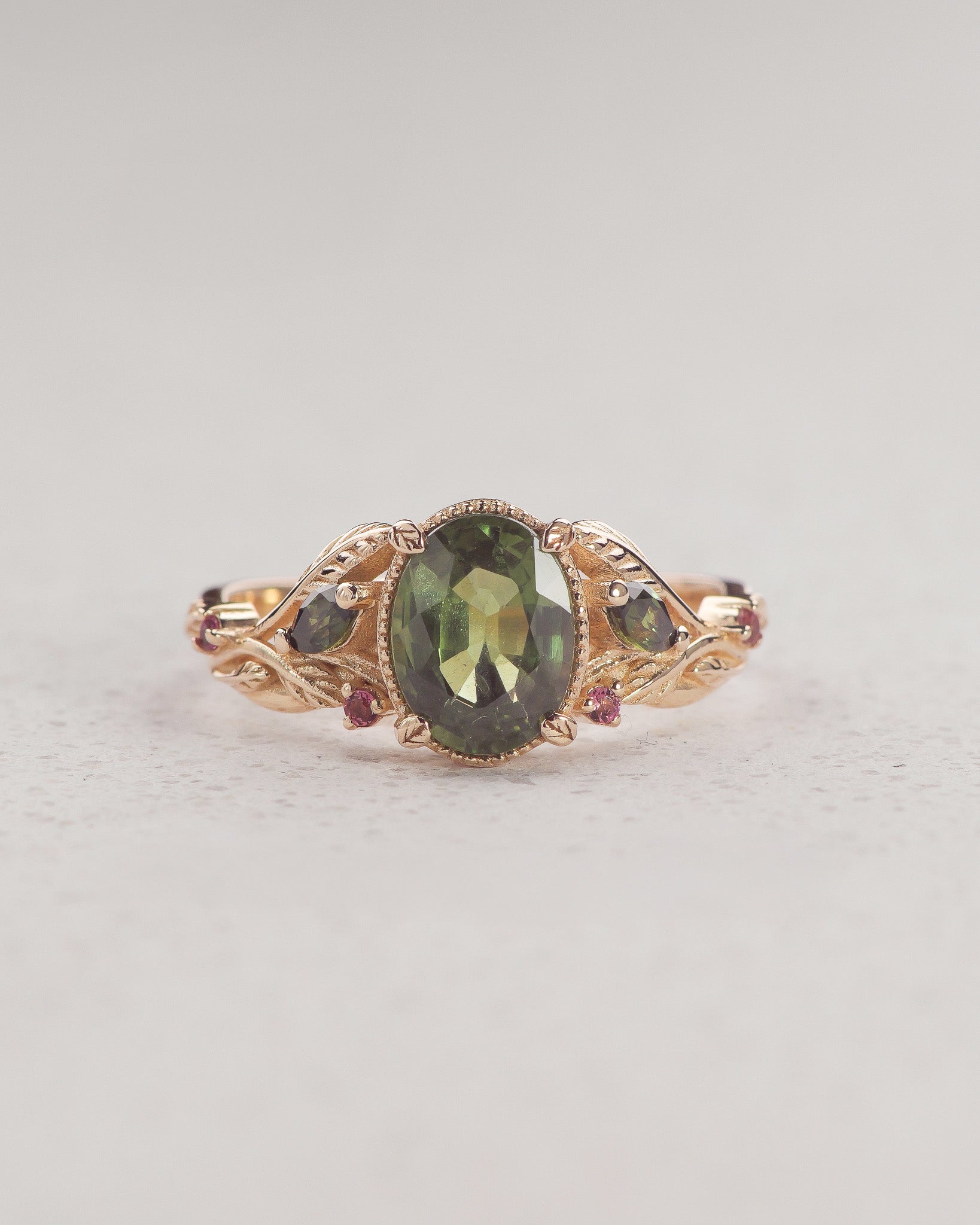 READY TO SHIP: Patricia symmetric ring, 14K yellow gold, natural green sapphire oval-cut 8x6 mm, accent sapphires & tourmalines, AVAILABLE RING SIZES: 5.5 - 8.5 US - Eden Garden Jewelry™