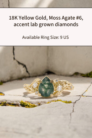 READY TO SHIP: Patricia ring in 14K or 18K yellow gold, natural moss agate pear cut 8x6 mm, accent lab grown diamonds, AVAILABLE RING SIZES: 6.5US, 9US