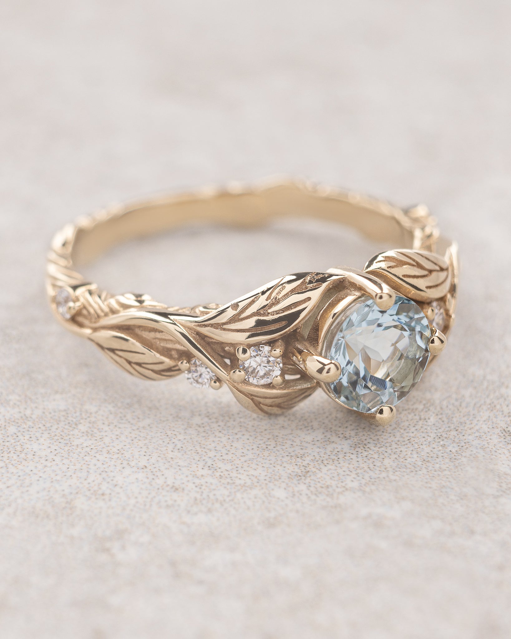 Sky blue aquamarine bridal ring set, gold branch engagement ring with diamonds / Clematis