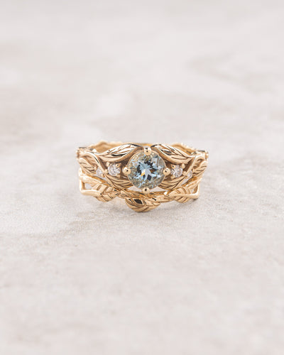 Sky blue aquamarine bridal ring set, gold branch engagement ring with diamonds / Clematis - Eden Garden Jewelry™