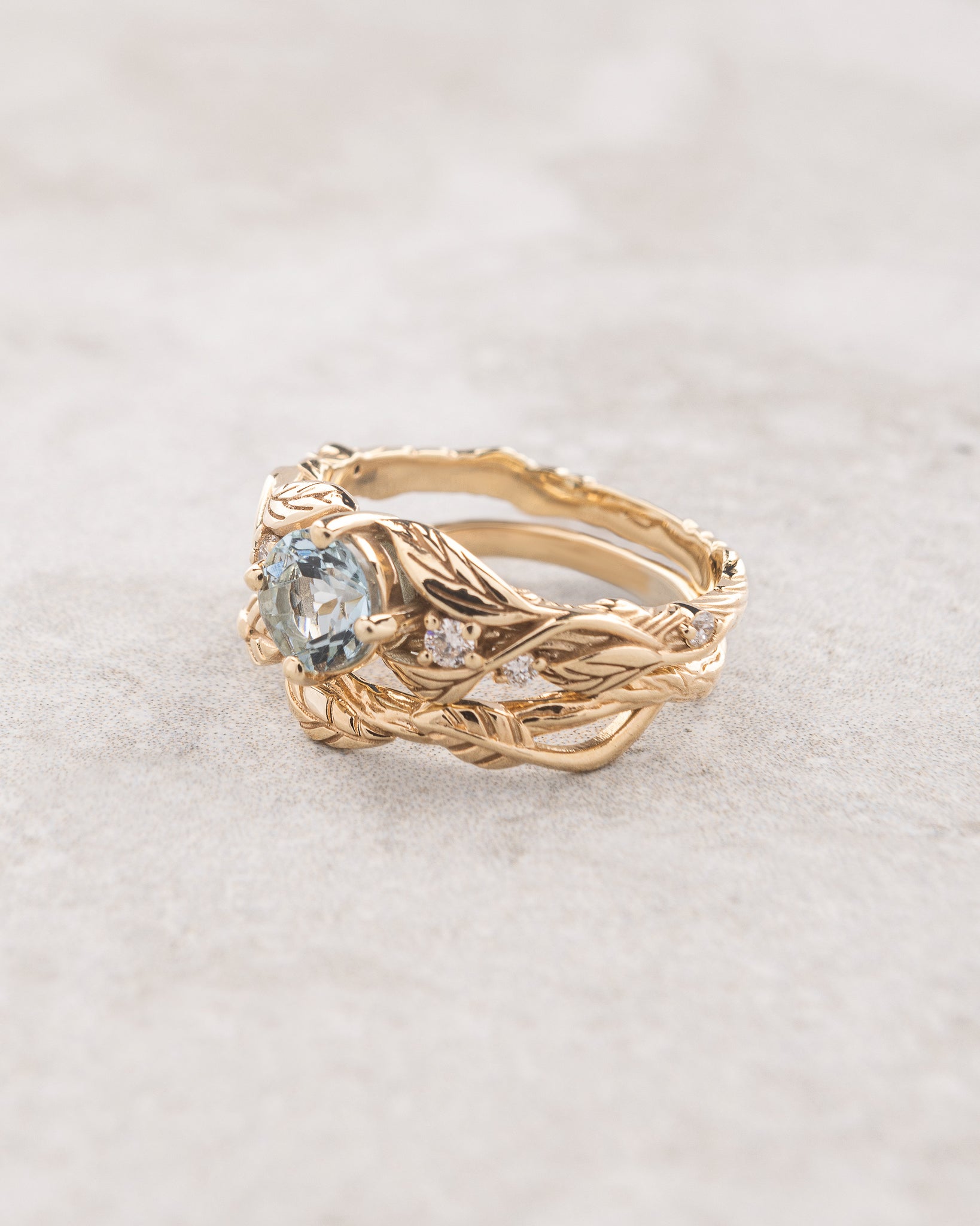 Sky blue aquamarine bridal ring set, gold branch engagement ring with diamonds / Clematis