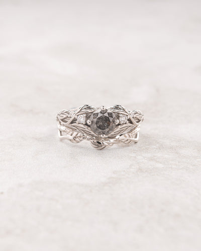 Grey diamond bridal ring set, salt & pepper diamond on a gold twig band / Clematis - Eden Garden Jewelry™