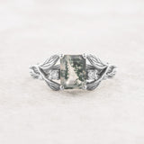 Emerald cut moss agate engagement ring, gold leafy ring with diamonds / Clematis