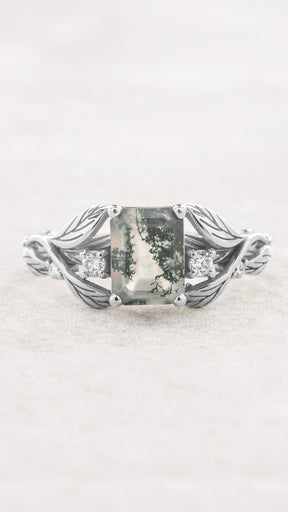 Emerald cut moss agate engagement ring, gold leafy ring with diamonds / Clematis - Eden Garden Jewelry™