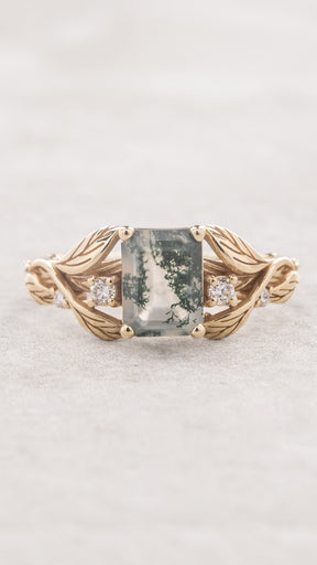 Emerald cut moss agate engagement ring, gold leaves with diamond dew / Clematis - Eden Garden Jewelry™