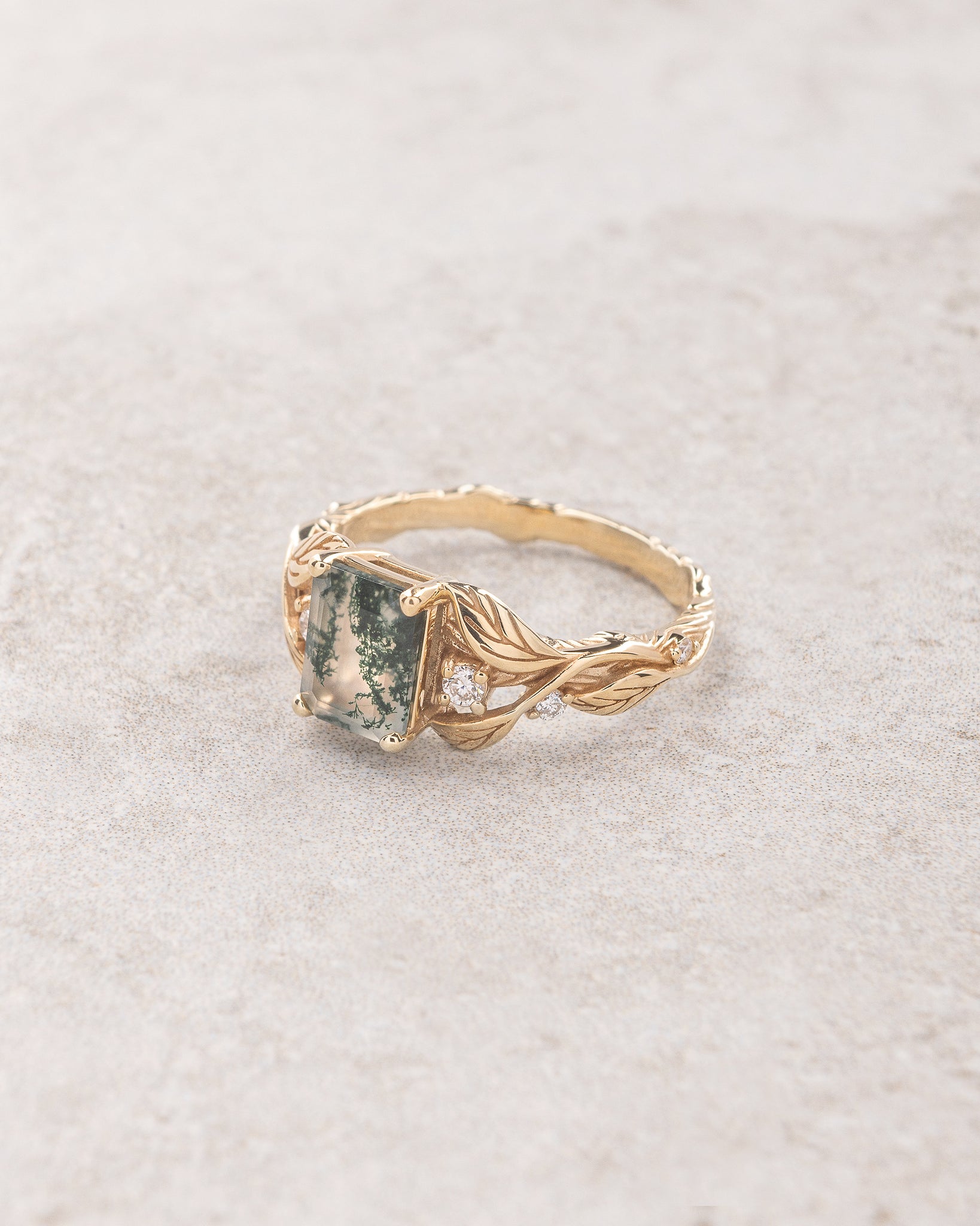 Emerald cut moss agate engagement ring, gold leaves with diamond dew / Clematis