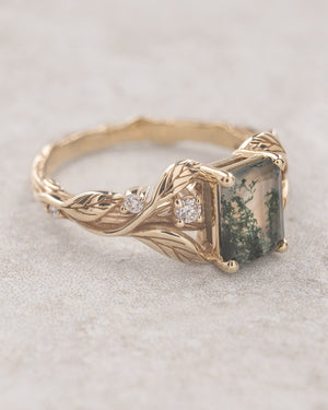 Emerald cut moss agate engagement ring, gold leaves with diamond dew / Clematis