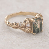 Emerald cut moss agate engagement ring, gold leafy ring with diamonds / Clematis