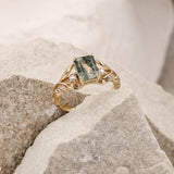 Emerald cut moss agate engagement ring, gold leafy ring with diamonds / Clematis