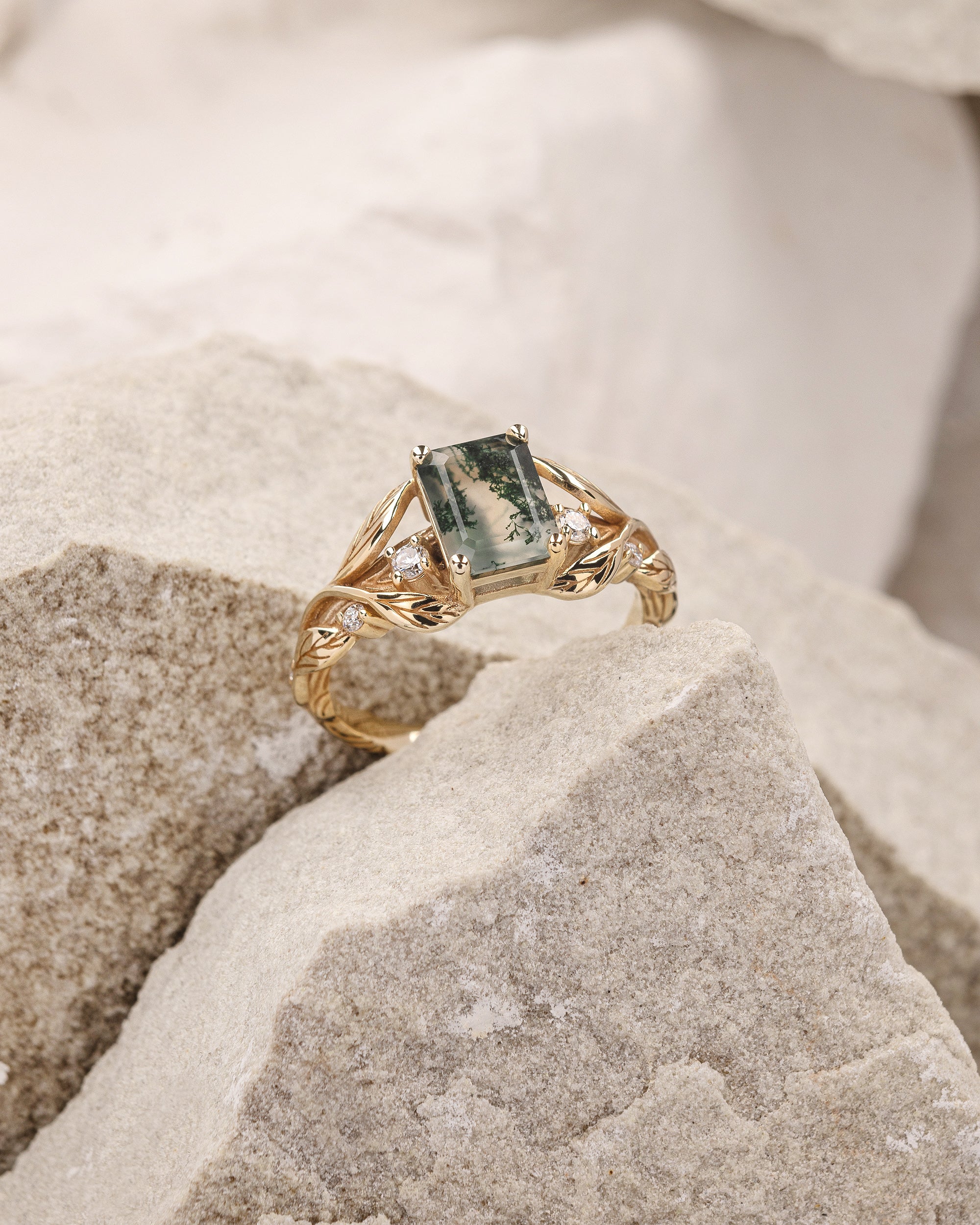 Emerald cut moss agate engagement ring, gold leafy ring with diamonds Clematis