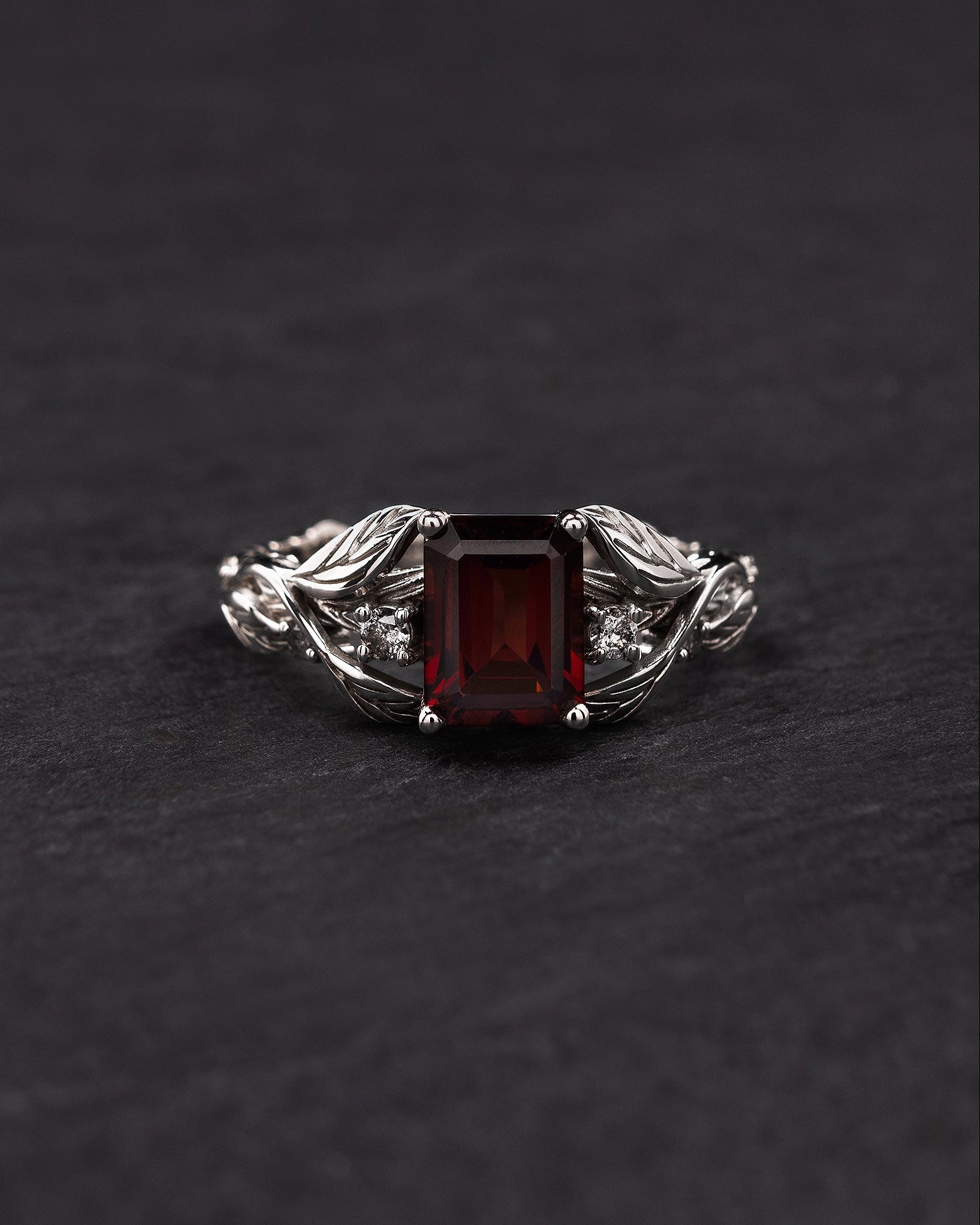 Gorgeous garnet engagement ring, gold leaves ring with diamonds / Clematis - Eden Garden Jewelry™