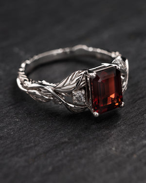 Gorgeous garnet engagement ring, gold leaves ring with diamonds / Clematis